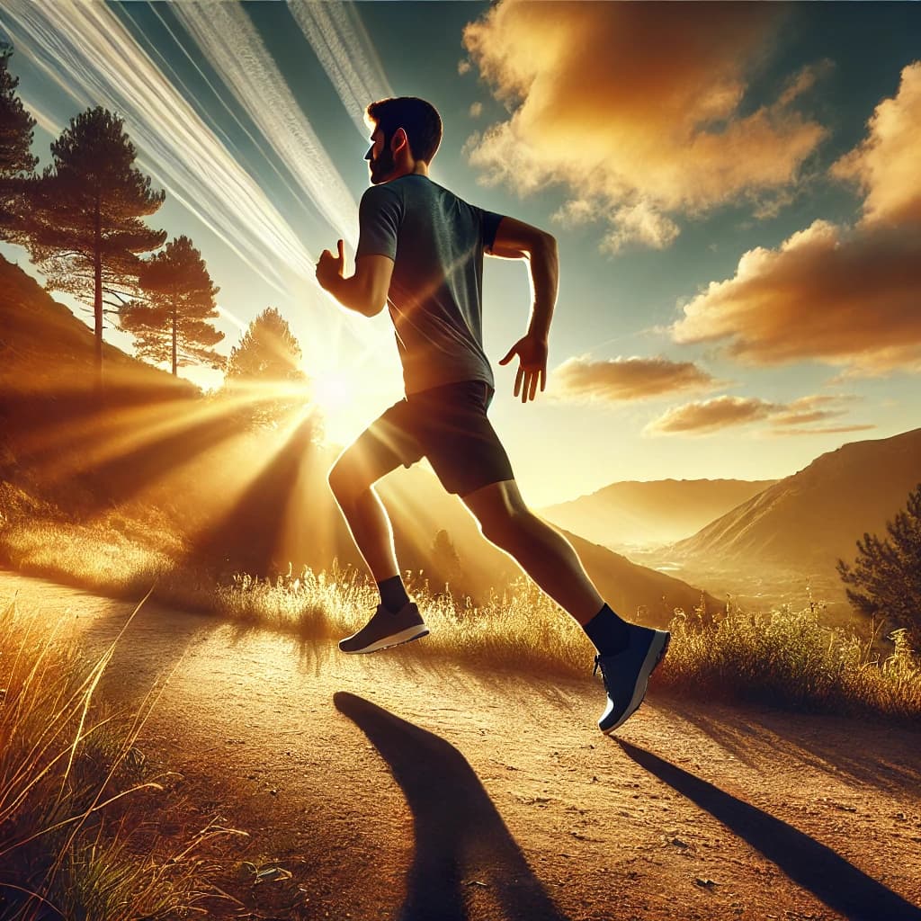 Runner on a scenic trail at sunset